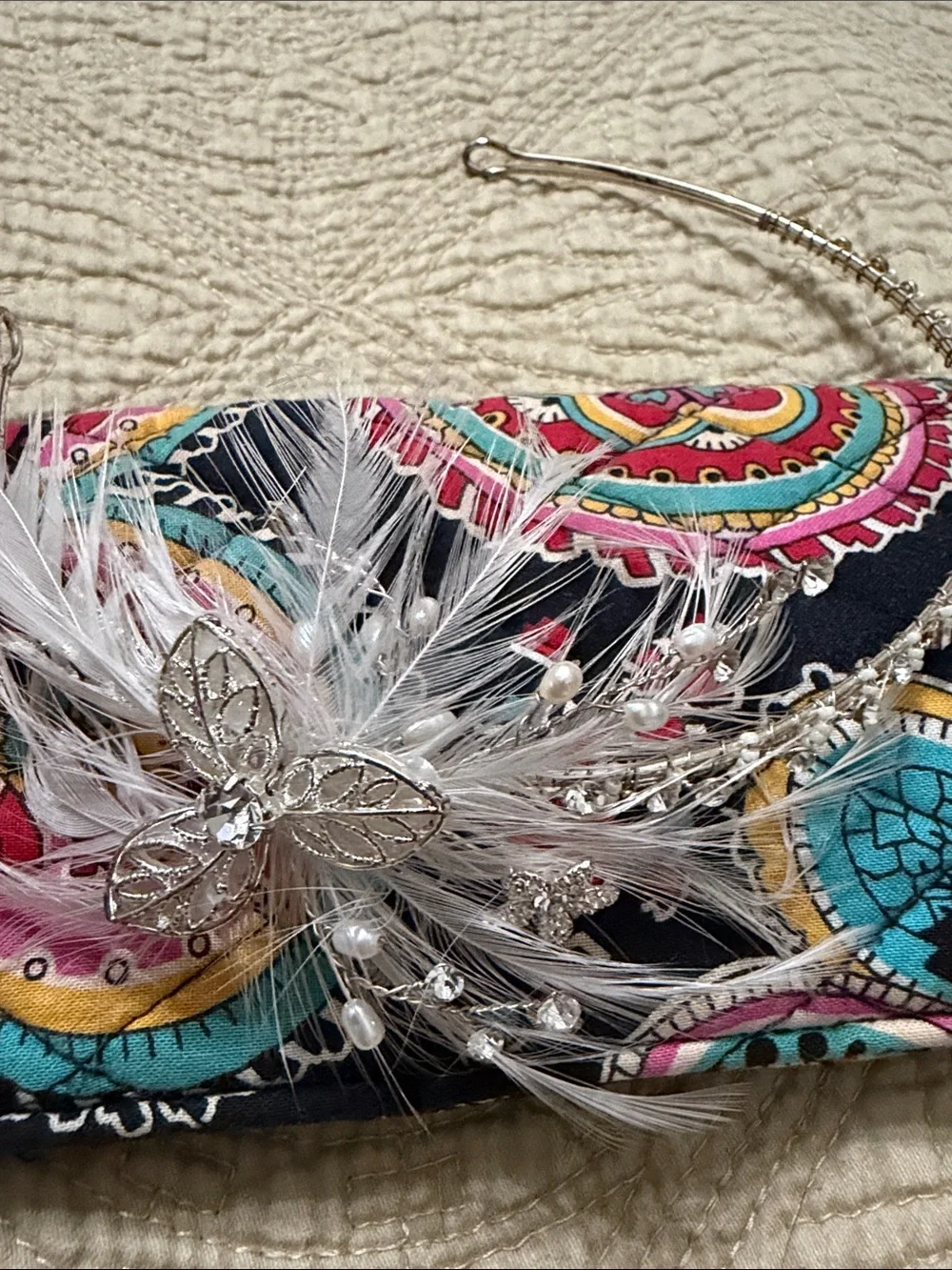Elegant White Feather, Pearl & Crystal Headband